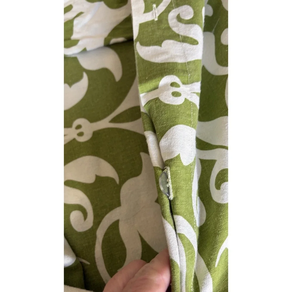 Pottery Barn Garden Gate Duvet Cover King Size Linen Cotton Green White Scroll